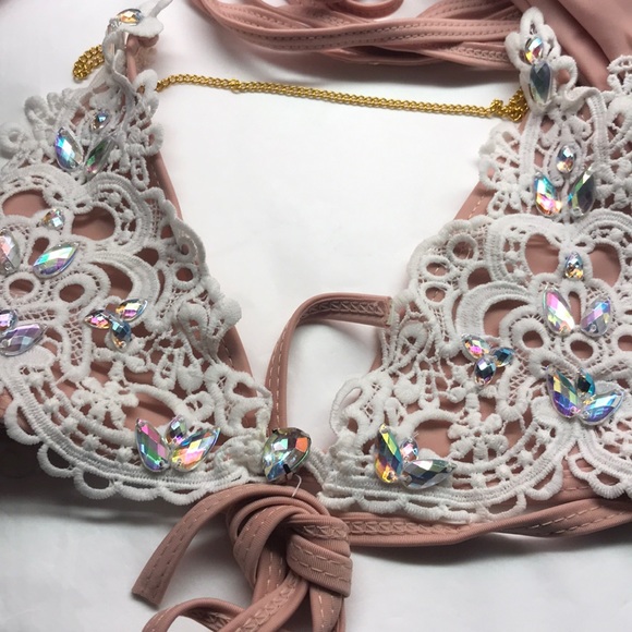 Lace iridescent crystal rhinestone glam bikini nude beige tan sexy swimsuit new - Picture 3 of 3